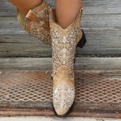 Corral Beige Embroidered Crystals + Studs Boots