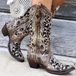 Corral Ashley Brown Floral + Black Sequin Inlay Boots