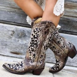 Corral Ashley Brown Floral + Black Sequin Inlay Boots