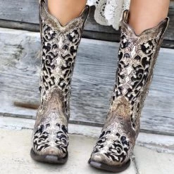 Corral Ashley Brown Floral + Black Sequin Inlay Boots