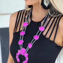 Blue Tortoise Electric Pink Squash Blossom Necklace