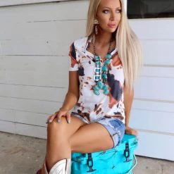 Avery Best Sellers Brown & White Cow Print V-Neck Top