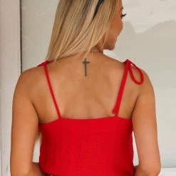 The Lace Cactus Red Tie-Strap Cami Bodysuit Apparel