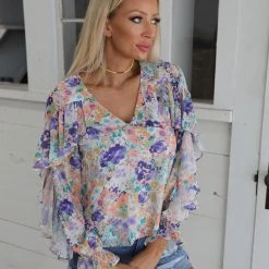 Peach Love Fields Of Floral Lavender + Taupe Frill Blouse