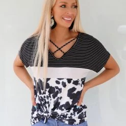 Avery Striped White Cow Print Block Top