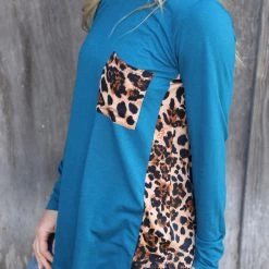 The Lace Cactus Apparel 15 - Teal + Side Leopard Long Sleeve Top