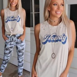 The Lace Cactus Apparel Distressed Tan "Howdy" Graphic Tank