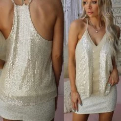 Lilly Clothing Sipping Champagne +Sequin High Neck Tank