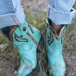 Rhinestone Cowgirl Corral Turquoise/Gold Overlay Ankle Boots