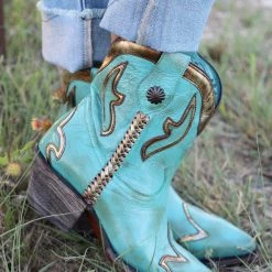 Rhinestone Cowgirl Corral Turquoise/Gold Overlay Ankle Boots