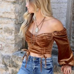 Privy Cappuccino Velvet Off Shoulder Crop Top