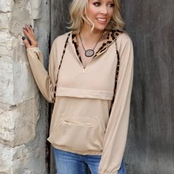 And The Way Apparel Taupe + Leopard Half Zipper Hooded Top