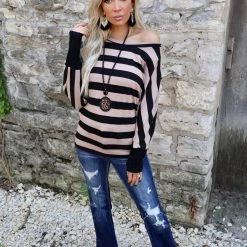 The Lace Cactus Apparel Sammie Striped + Wide Neck Long Sleeve Top