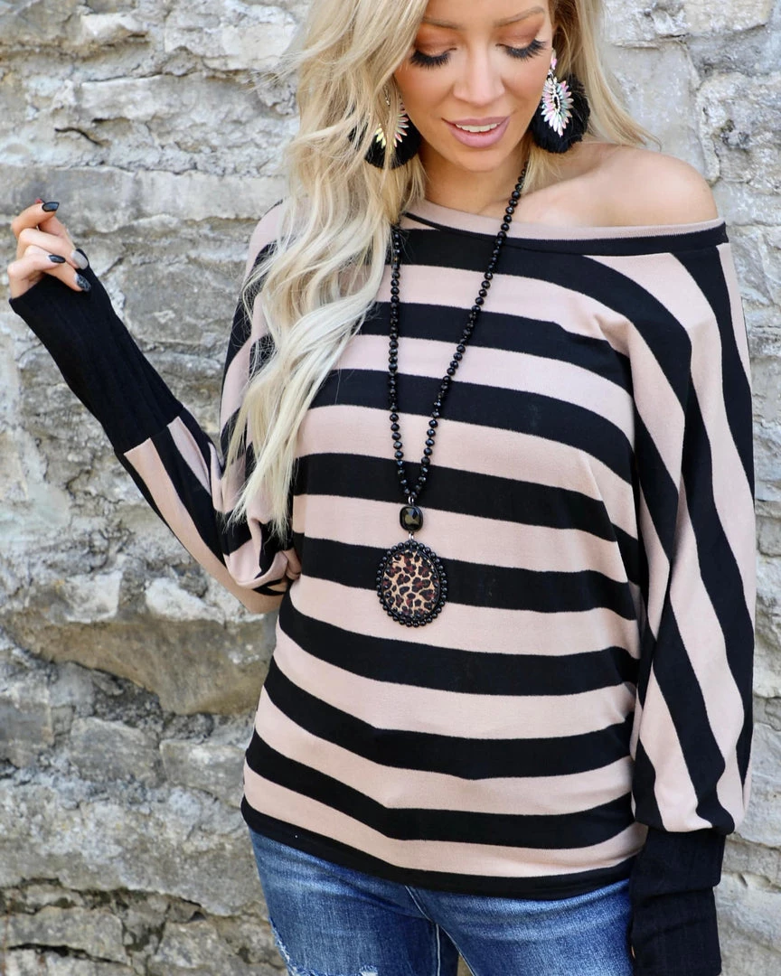 The Lace Cactus Apparel Sammie Striped + Wide Neck Long Sleeve Top