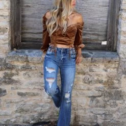 Privy Cappuccino Velvet Off Shoulder Crop Top