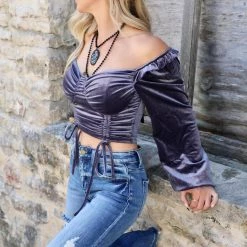 Privy Apparel Lavender Velvet Off Shoulder Crop Top