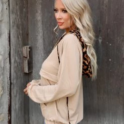 And The Way Apparel Taupe + Leopard Half Zipper Hooded Top