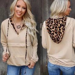 And The Way Apparel Taupe + Leopard Half Zipper Hooded Top