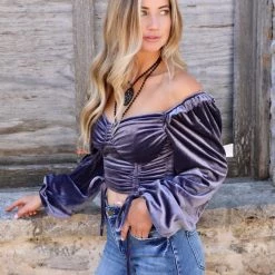 Privy Apparel Lavender Velvet Off Shoulder Crop Top