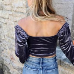 Privy Apparel Lavender Velvet Off Shoulder Crop Top