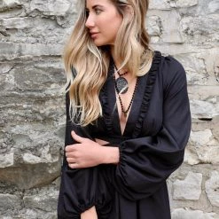 Dress Day Apparel Black Split-Level Lace-Up Dress