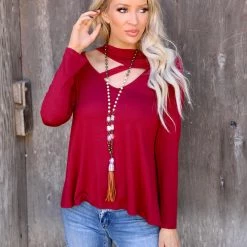 Fantastic Fawn Burgundy Side Cut-Cross Long Sleeve Top Apparel