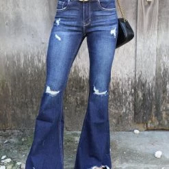 Petra153 Best Sellers Offset Dark Blue Distressed Raw Hem Flare Jeans