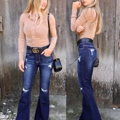 Petra153 Best Sellers Offset Dark Blue Distressed Raw Hem Flare Jeans