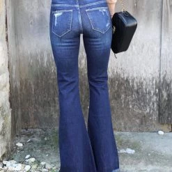 Petra153 Best Sellers Offset Dark Blue Distressed Raw Hem Flare Jeans