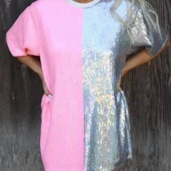 Main Strip Best Sellers Pink & Silver Sequin T-Shirt Dress