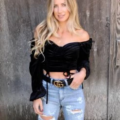 Privy Black Velvet Off Shoulder Crop Top Apparel