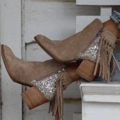Very G Taupe + Silver Glitter Fringe Booties Best Sellers