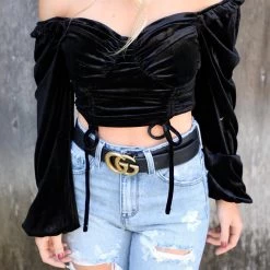 Privy Black Velvet Off Shoulder Crop Top Apparel