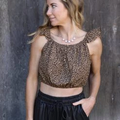 The Lace Cactus Brown Leopard Ruffle Strap Crop Top Apparel