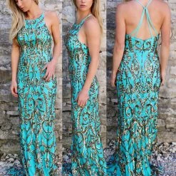 Anny Lee Apparel Turquoise + Gold Sequin Paisley Gown