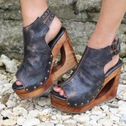 Imelda Black Lux Peek-a-boo Wedge By BedStu Footwear