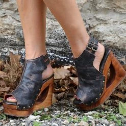 Imelda Black Lux Peek-a-boo Wedge By BedStu Footwear