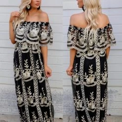 Dress Day Apparel Black & Gold Lace Off Shoulder Maxi Dress