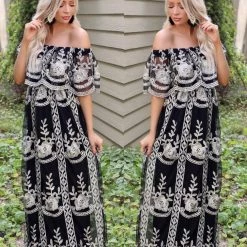 Dress Day Apparel Black & Gold Lace Off Shoulder Maxi Dress