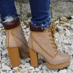 Wild Diva Lounge Footwear The LL Camel Rhinestone Heeled Boots