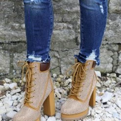 Wild Diva Lounge Footwear The LL Camel Rhinestone Heeled Boots