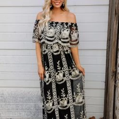 Dress Day Apparel Black & Gold Lace Off Shoulder Maxi Dress