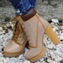 Wild Diva Lounge Footwear The LL Camel Rhinestone Heeled Boots