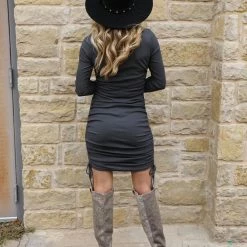 The Lace Cactus Charcoal Ribbed Knit Ruched Side Dress Apparel