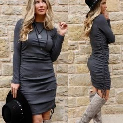 The Lace Cactus Charcoal Ribbed Knit Ruched Side Dress Apparel