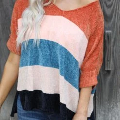 Davi & Dani Apparel Rust, Pink +Blue Block Chenille Sweater