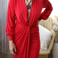 Cameo Wrapped In Red Long Sleeve Maxi Dress