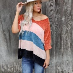 Davi & Dani Apparel Rust, Pink +Blue Block Chenille Sweater