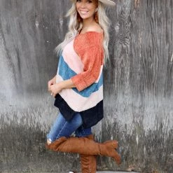 Davi & Dani Apparel Rust, Pink +Blue Block Chenille Sweater