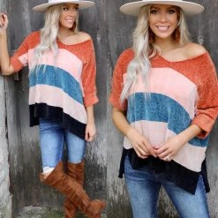 Davi & Dani Apparel Rust, Pink +Blue Block Chenille Sweater